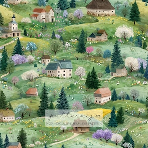 May include: Watercolor illustration of a village scene with rolling green hills, houses, trees, and flowers. The image has a soft, painterly style. Text at the bottom reads "patternizm" and "NON-EXCLUSIVE SEAMLESS PATTERN".