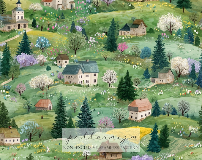 Watercolor Spring Village Pattern Digital Paper – Cozy Countryside Landscape, Storybook Seamless Design