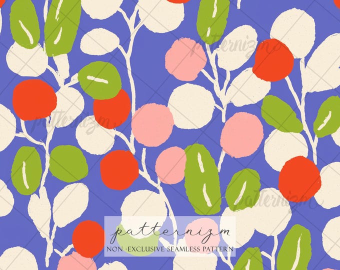 Modern Berry Seamless Pattern Digital Download – Abstract Botanical Design on Blue, Minimalist Fruit Printable, Contemporary Fabric Art