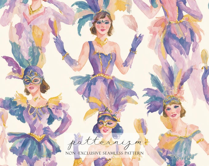 Mardi Gras Carnival Girl Seamless Pattern Digital Paper – Watercolor Masquerade Illustration for Decorative Fabric