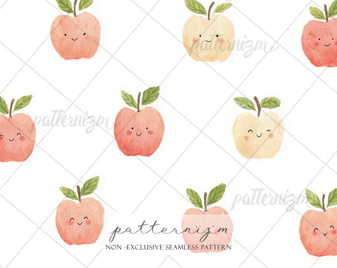 Seamless Back to School Apple Pattern Digital Download – Cute Kawaii Watercolor Apples for Kids Fabric, Teacher Classroom Design