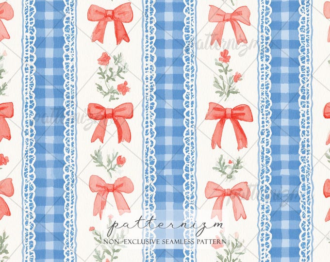 Seamless Gingham Bow Pattern Digital Download – 4th of July Lace Stripe Design, Coquette Ribbon Floral Print, Cottagecore Summer Fabric