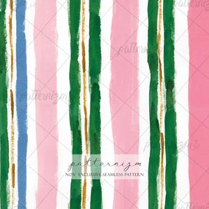 May include: A seamless pattern featuring vertical hand-painted stripes in shades of forest green, soft pink, white, and a single blue stripe, accented by thin gold lines. The text patternizm NON-EXCLUSIVE SEAMLESS PATTERN is centered on the image.