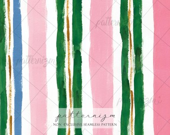Seamless Christmas Stripe Pattern Digital Download – Pink Green Gold Design, Bold Brushstroke Print, Whimsical Fabric for Kids Crafts