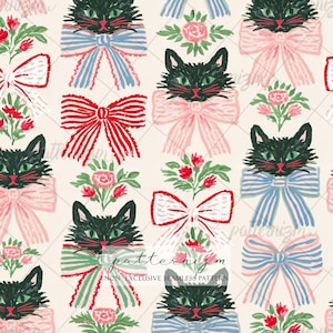 Black Cat Bow Seamless Pattern Digital Download, Coquette Floral Kitty Repeat Design