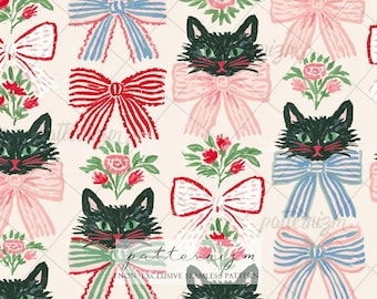 Black Cat Bow Seamless Pattern Digital Download, Coquette Floral Kitty Repeat Design