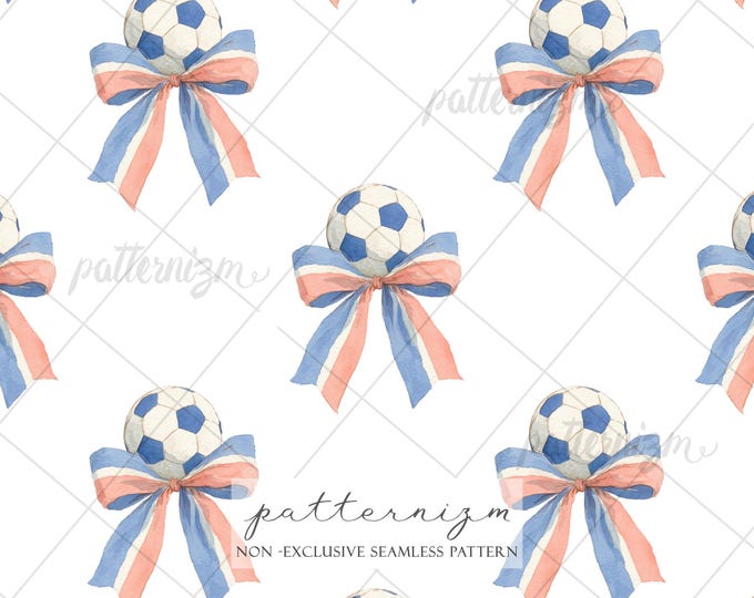 Coquette Soccer Seamless Pattern Digital Download – Watercolor Football Bow Print for Girls Sports Fabric & Team Spirit Decor