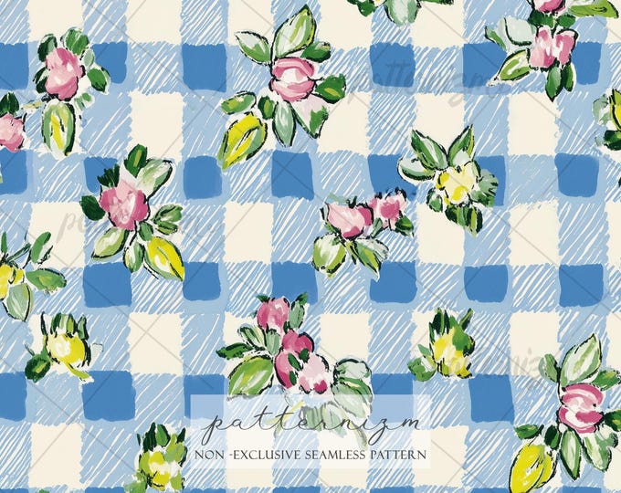 Seamless Floral Gingham Pattern Digital Download – Pink Rose & Blue Checkered Design, Whimsical Shabby Chic Garden Fabric for Crafts
