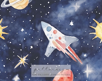 Seamless Space Rocket Pattern Digital Download – Watercolor Planets and Stars, Kids Galaxy Fabric Print
