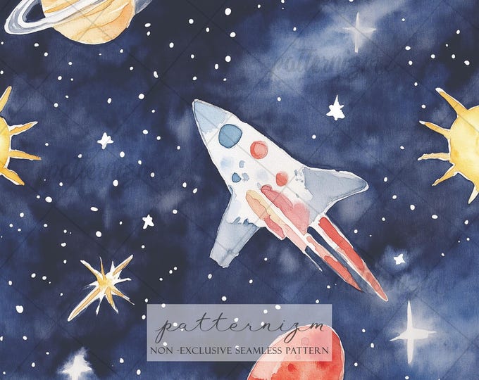 Seamless Space Rocket Pattern Digital Download – Watercolor Planets and Stars, Kids Galaxy Fabric Print