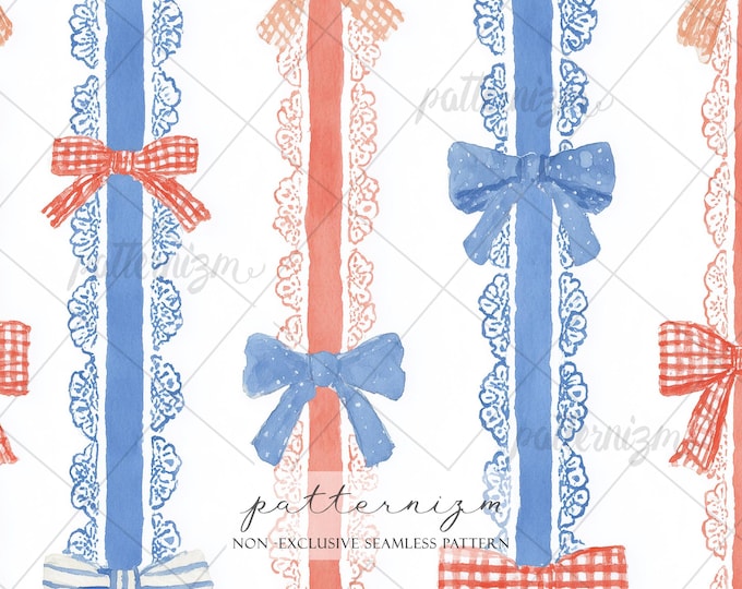 Seamless Patriotic Bow Pattern Digital Download – 4th of July Americana Ribbon & Lace Stripe Design, Cottagecore Fabric