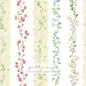 Könnte beinhalten: Ein nahtloses Muster mit cremefarbenen und weißen vertikalen Streifen, verziert mit zarten Blumenranken in Rosa, Weiß und Blau. Das Design enthält den Text "patternizm" und "NON - EXCLUSIVE SEAMLESS PATTERN".
