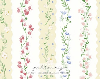 Seamless Floral Vine Stripe Pattern Digital Download – Soft Watercolor Wildflowers & Leaves, Minimal Spring Repeat for Nursery Fabric