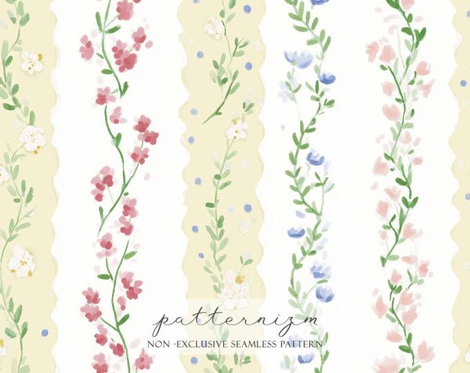 Seamless Floral Vine Stripe Pattern Digital Download – Soft Watercolor Wildflowers & Leaves, Minimal Spring Repeat for Nursery Fabric
