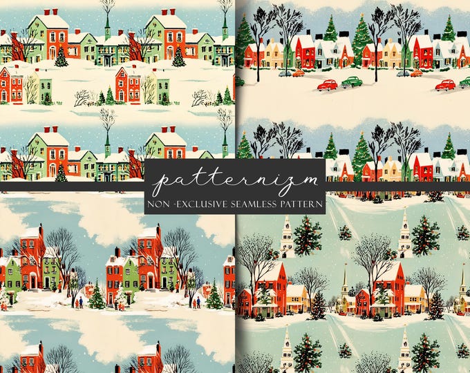 Seamless Winter Christmas Village Pattern Digital Download – Snowy Town & Red House Design, Whimsical Holiday Fabric Print