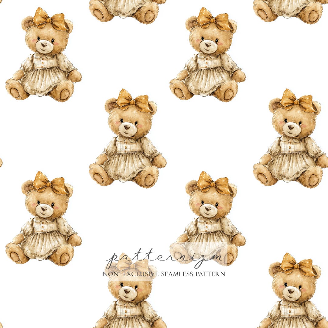 Cute Teddy Bear Seamless Pattern – Beige Girly Bear With Bow Watercolor ...