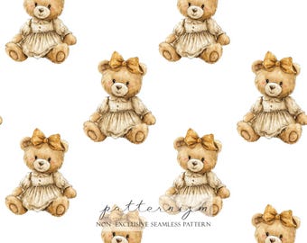 Cute Teddy Bear Seamless Pattern – Beige Girly Bear with Bow Watercolor Illustration Digital Paper for Baby Crafts