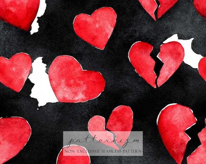 Broken Heart Seamless Pattern – Watercolor Red Hearts on Black Background, Edgy Valentine Digital Paper for Crafts & Fashion