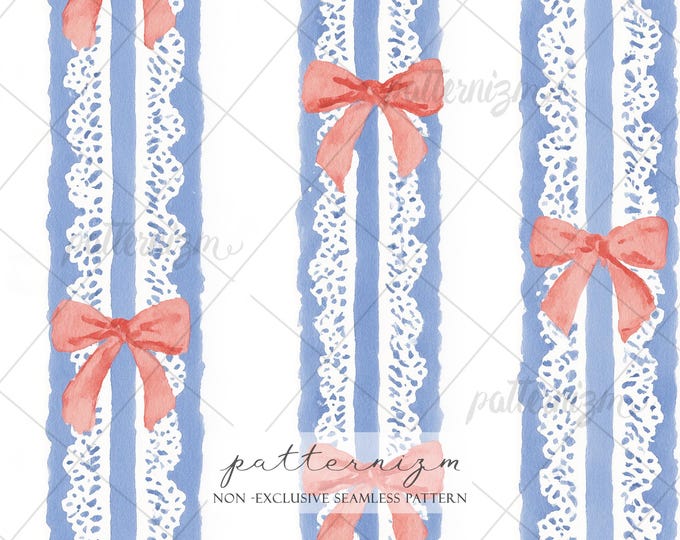 4th of July Coquette Seamless Pattern – Patriotic Bow Stripe Design, Blue Lace Ribbon, Vintage Americana Fabric