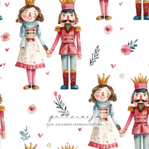 May include: Watercolor illustration of a seamless pattern featuring nutcracker dolls and floral elements. The dolls are dressed in red, blue, and white outfits, holding hands. The background is white with small pink hearts and floral accents. The text "patternizm" is at the bottom.
