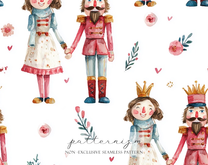 Nutcracker Seamless Pattern Digital Paper – Cute Christmas Ballet Characters with Princess and Prince for Holiday Crafts & Decor