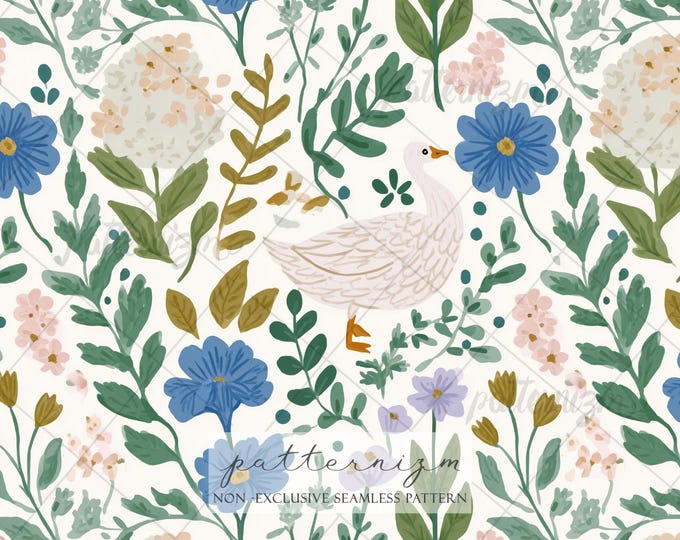Botanical Goose Garden Seamless Pattern – Elegant Floral Goose Repeat