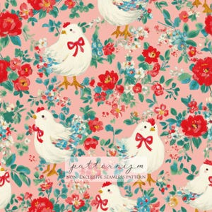 May include: A repeating pattern of white chickens with red bows, set amongst red, blue, and white floral elements on a pink backdrop. The design includes the text "patternizm" and "NON-EXCLUSIVE SEAMLESS PATTERN".