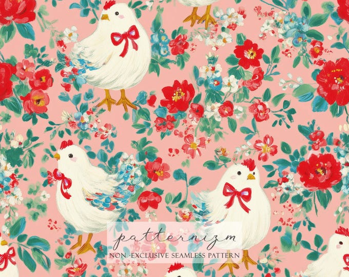 Cute Chick with Bow Pattern – Watercolor Baby Hen with Flowers on Pink, Seamless Digital Paper for Fabric, Nursery, Crafts