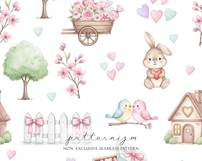 Valentine Bunny Seamless Pattern – Cute Hearts, Flowers, Trees and Cottage Repeat Design for Fabric & Gifts
