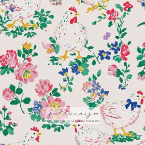 Op de afbeelding: Een naadloos patroon met witte kippen met kleurrijke spikkels, rode kammen en gele poten, afgewisseld met roze, rode, blauwe en gele bloemelementen op een lichte achtergrond. De tekst "patternizm" is zichtbaar.