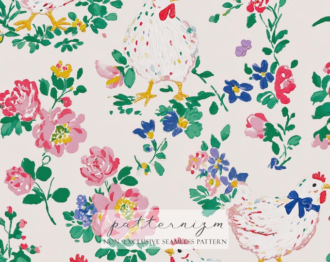 Floral Chicken Seamless Pattern – Colorful Farm Hens with Flowers on Cream, Country Cottage Digital Paper for Fabric and Crafts
