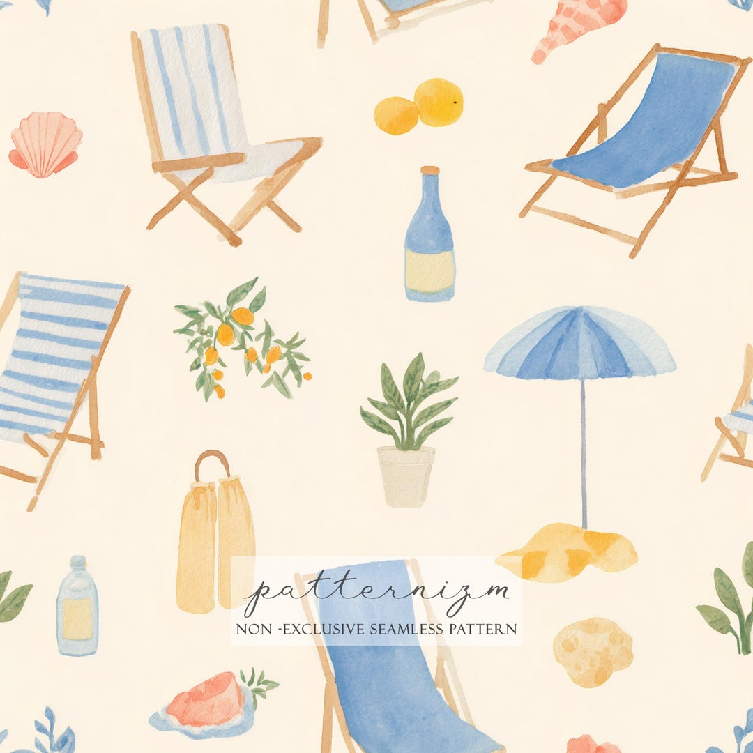 Watercolor Beach Pattern Digital Paper – Summer Seaside Elements Chairs ...