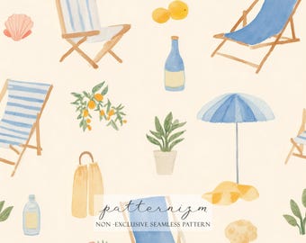 Watercolor Beach Pattern Digital Paper – Summer Seaside Elements Chairs Umbrella Lemons, Seamless Coastal Design for Fabric
