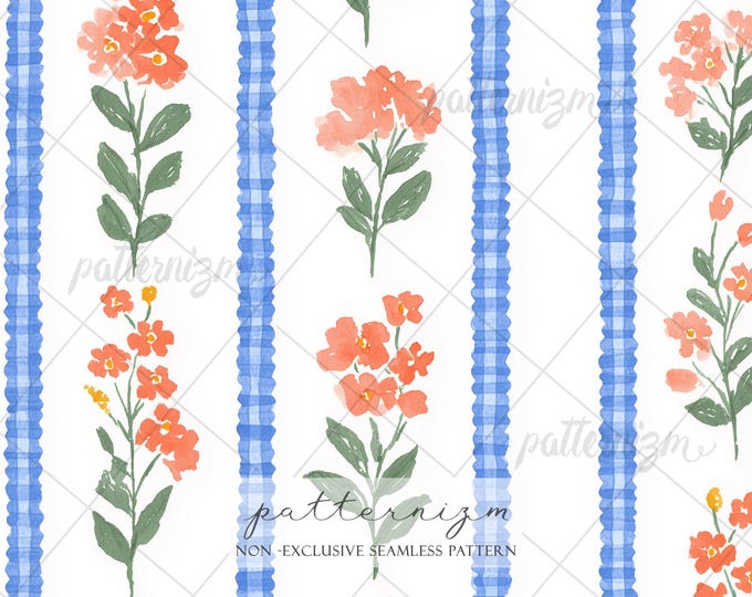Seamless Romantic Patriotic Floral Pattern Digital Download – Red Blue Wildflower Stripe Design, Cottagecore Americana, 4th of July Fabric