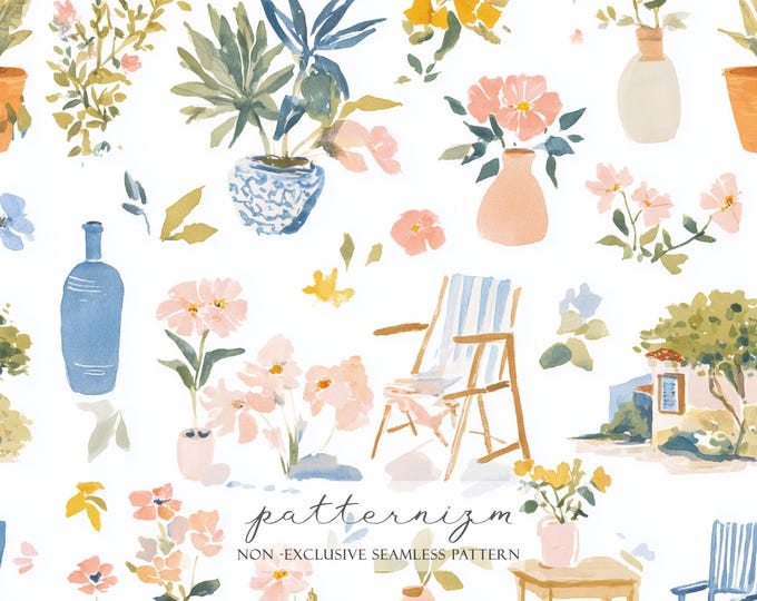 Watercolor Summer Garden Seamless Pattern – Flowers, Pots and Cozy Chairs, Soft Pastel Digital Paper for Crafts & Fabric