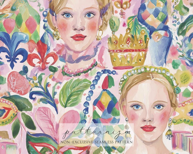 Watercolor Carnival Queens Seamless Pattern – Crowns, Masks and Beads, Whimsical Painterly Illustration for Fabric & Party Crafts