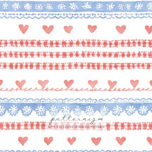 May include: Watercolor seamless pattern with alternating rows of blue floral and scalloped borders, red hearts, and red gingham stripes on a white background. The text "patternizm" and "NON-EXCLUSIVE SEAMLESS PATTERN" are at the bottom.