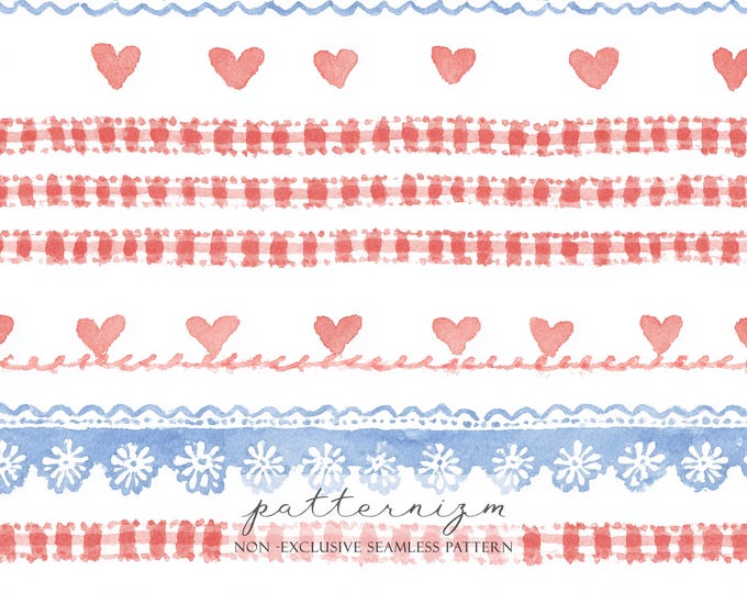 Watercolor Folk Border Pattern Digital Paper – Hearts Gingham and Lace Stripes, Scandinavian Seamless Design