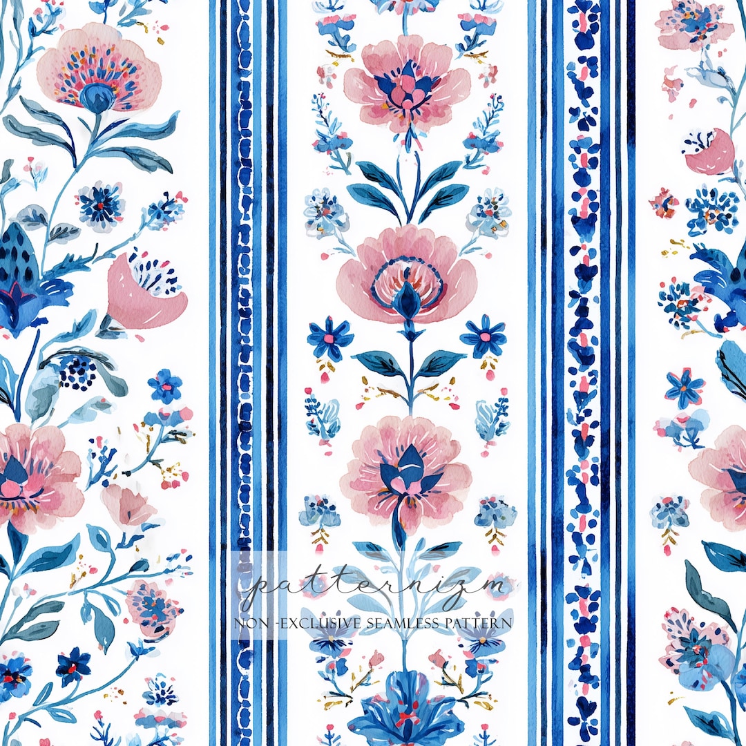 Striped Floral Seamless Pattern – Blue and Pink Watercolor Flower ...