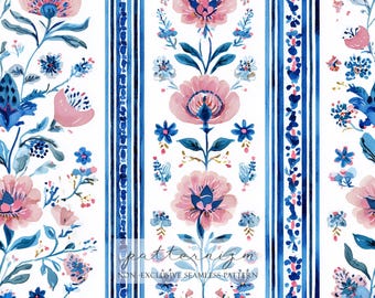 Striped Floral Seamless Pattern – Blue and Pink Watercolor Flower Border Repeat Design for Fabric, Wallpaper and Decorative Crafts