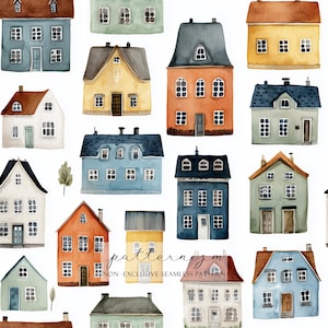 May include: Watercolor illustration of various colorful houses with windows and doors. The houses are in shades of blue, orange, yellow, and green, with brown and gray roofs. The image has the text "patternizm NON-EXCLUSIVE SEAMLESS PATTERN".
