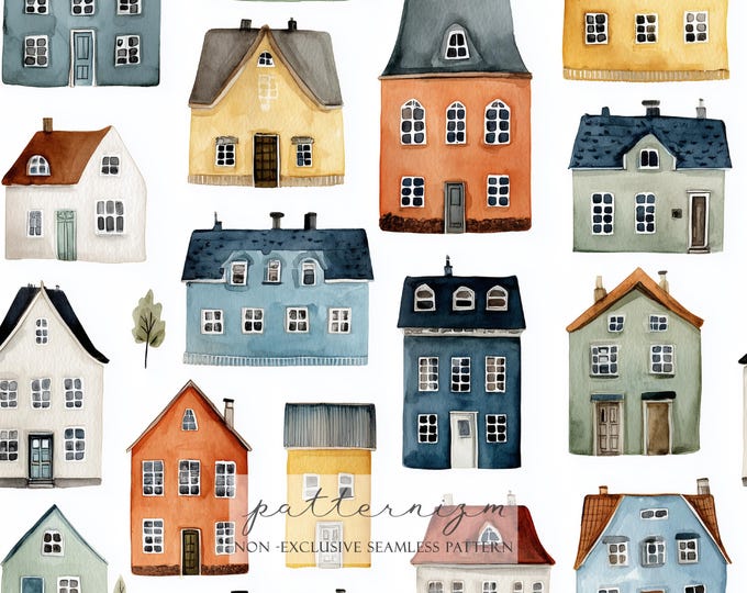 Seamless Watercolor House Pattern Digital Download – Cozy Village Homes Repeat, Scandinavian Printable Fabric