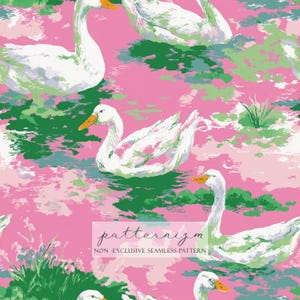 Könnte beinhalten: Nahtloses Muster mit weißen Schwänen mit orangefarbenen Schnäbeln auf einem rosa und grünen Wasserhintergrund. Das Design enthält den Text "patternizm" und "NON - EXCLUSIVE SEAMLESS PATTERN".