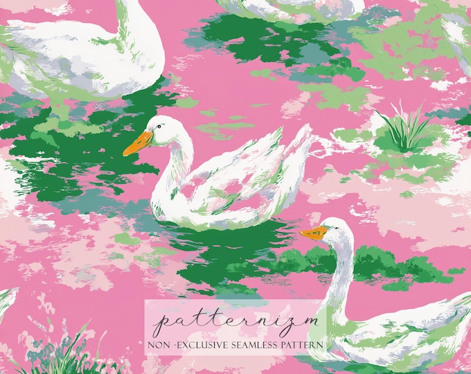 Retro Duck Seamless Pattern – White Ducks on Pink and Green Pond, Goose Vintage Graphic Style for Fabric, Wallpaper & Digital Projects