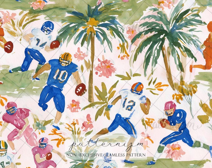 Seamless Football Pattern Digital Download – Watercolor Sports Scene, American Game Players, Tropical Field Design