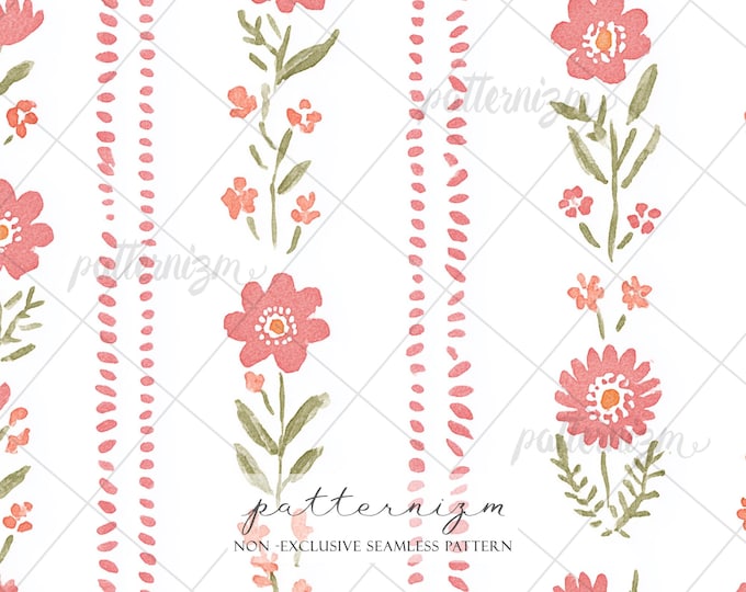 Seamless Folk Floral Stripe Pattern Digital Download – Painted Scandinavian Flowers, Minimal Botanical Fabric