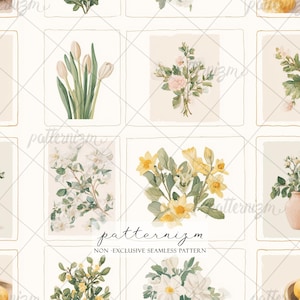 Könnte beinhalten: Ein nahtloses Muster mit Aquarellillustrationen verschiedener Blumen, darunter Tulpen, Narzissen und Rosen, angeordnet in rechteckigen Rahmen. Die Farbpalette ist sanft, mit Creme-, Grün-, Gelb- und Rosatönen. Der Text "patternizm" und "NON - EXCLUSIVE SEAMLESS PATTERN" sind sichtbar.