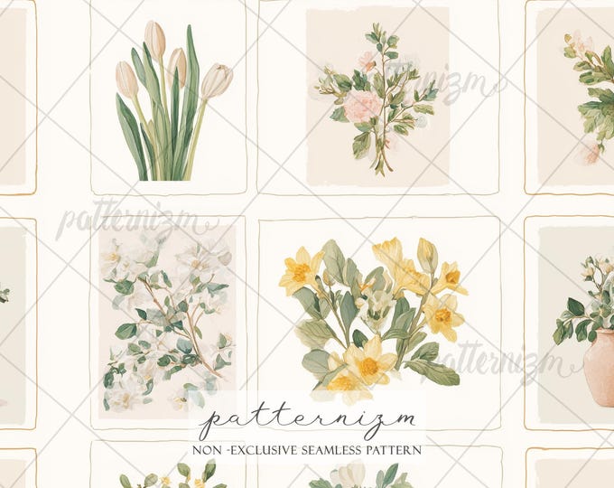Seamless Vintage Botanical Pattern Digital Download – Elegant Floral & Lemon Illustrations, Classic Cottage Wall Art Style Printable