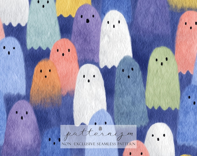 Cute Ghost Seamless Pattern – Pastel Halloween Spooky Friends, Soft Watercolor Repeat Design for Kids Crafts