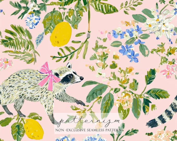 Raccoon Lemon Seamless Pattern – Cute Woodland with Citrus Lemons & Flowers, Pink Background Watercolor Repeat Design for Fabric, Crafts